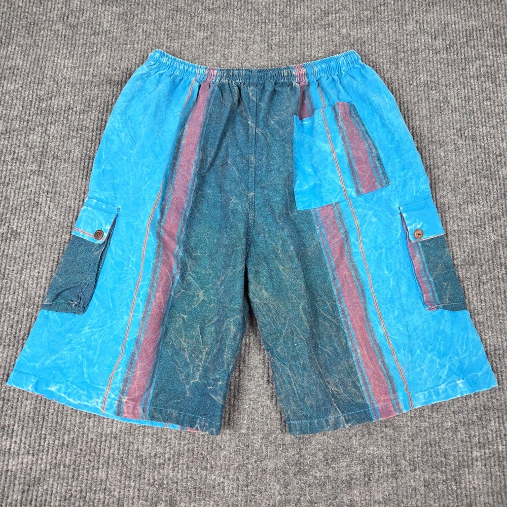 Jayli Nepal Mens Blue Striped Cotton Cargo Hippie Surfer Shorts XL Boho Festival
